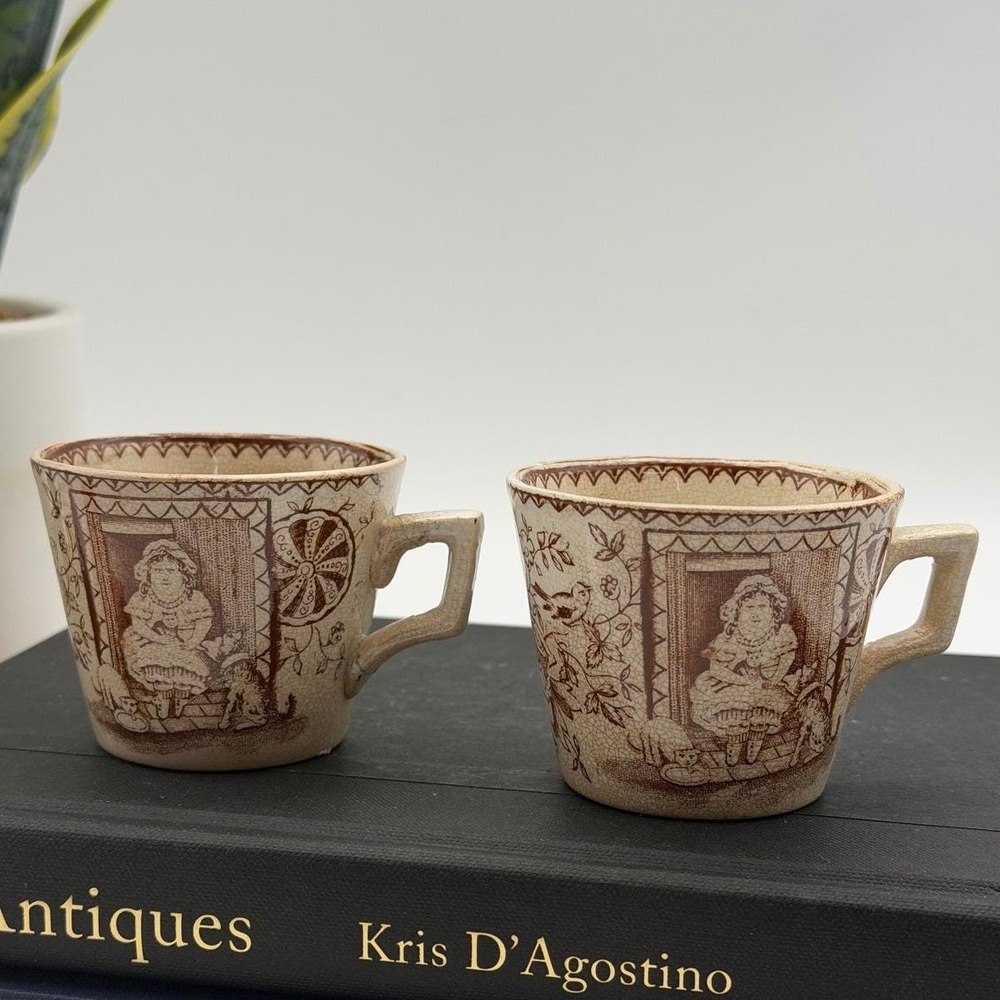 Antique C.A. & Sons Brown Transferware Child's Cup Little Mae Dog Cat Set of 2